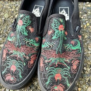 Vans Black Slip-On w/ Red & Green Fantasy Print “Evil Omen” Fairy Glow-in-dark